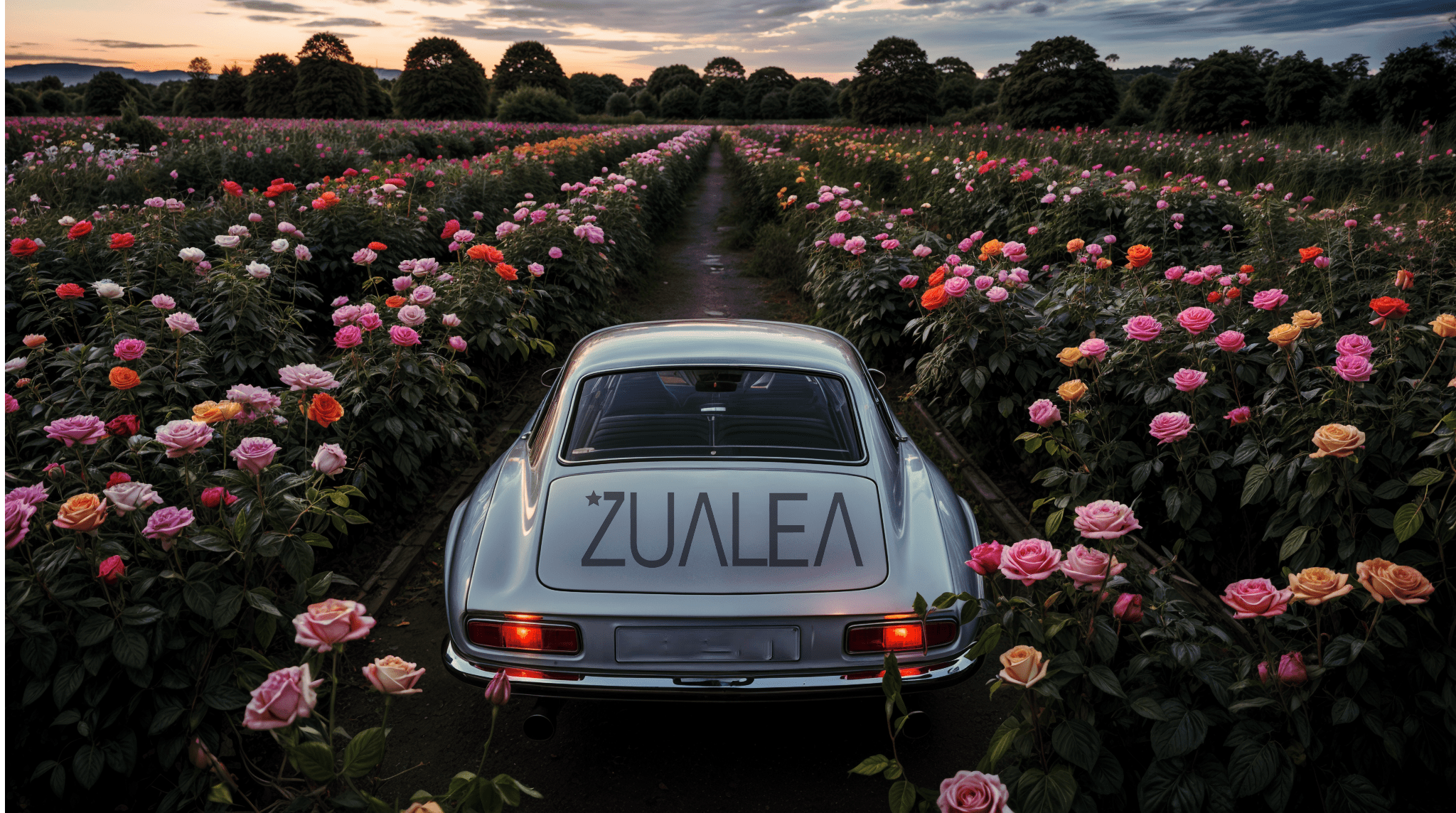 Mujer sentada sobre un coche blanco clásico entre rosas al atardecer, con actitud segura y top brillante de ZUALEA. Estilo boho, elegante y poderoso.
